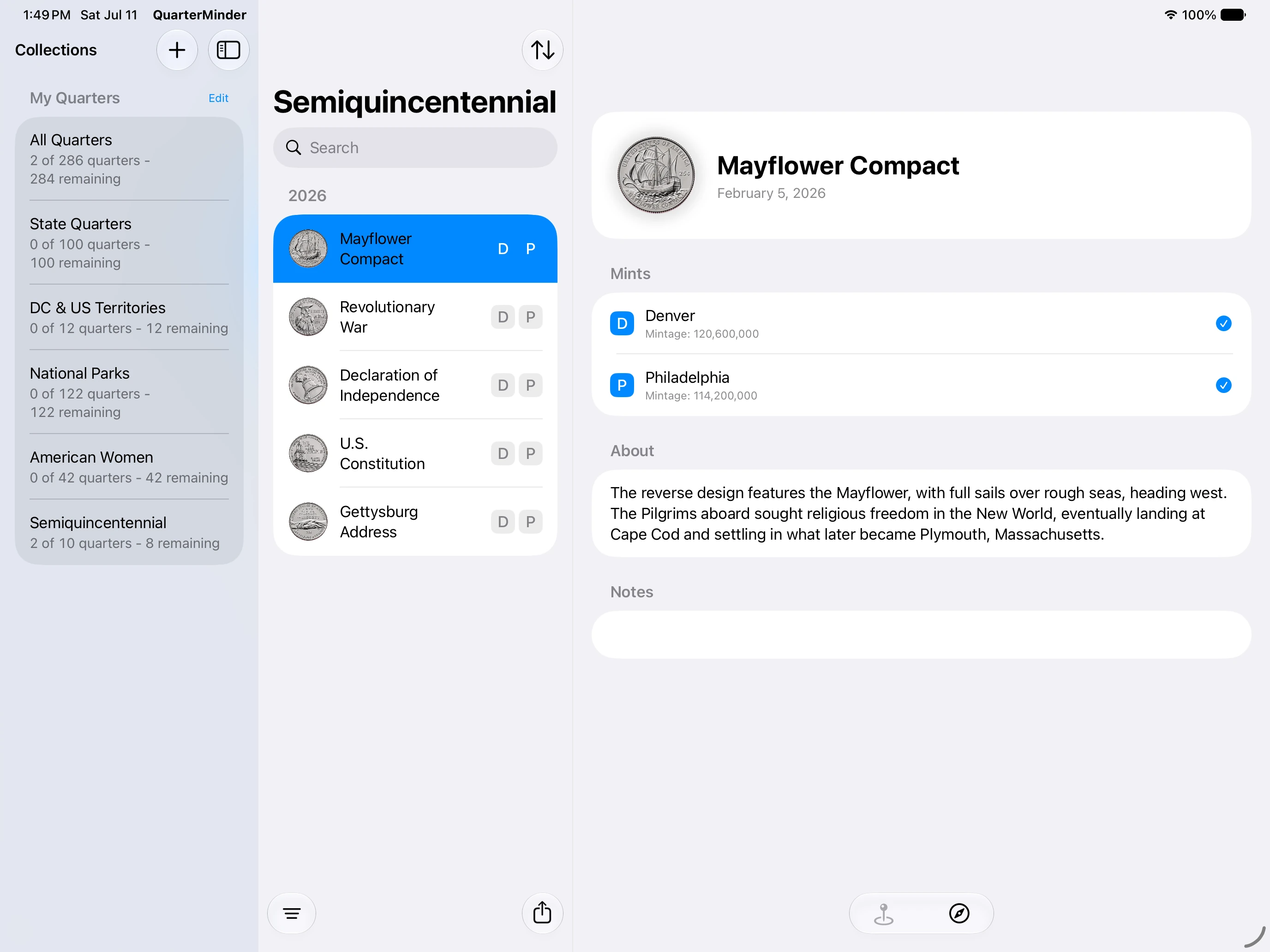 QuarterMinder detail screen on iPad