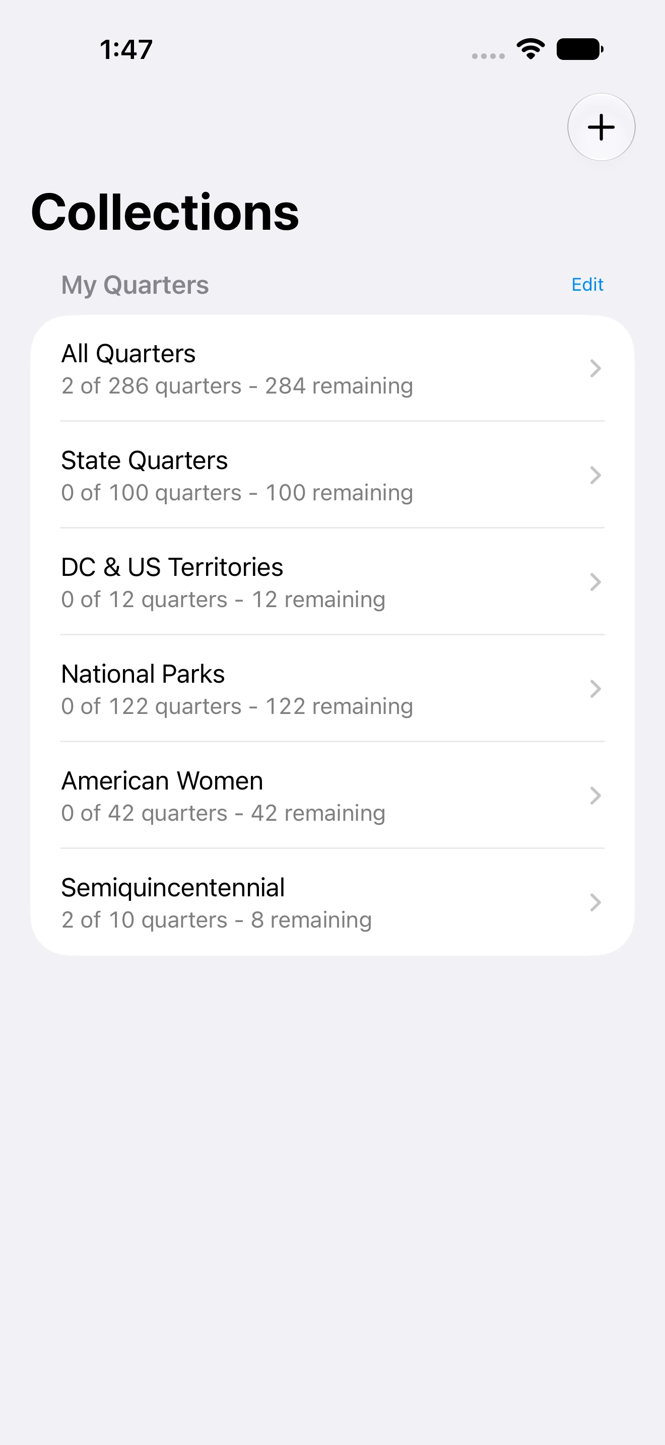 QuarterMinder collection tracking screen