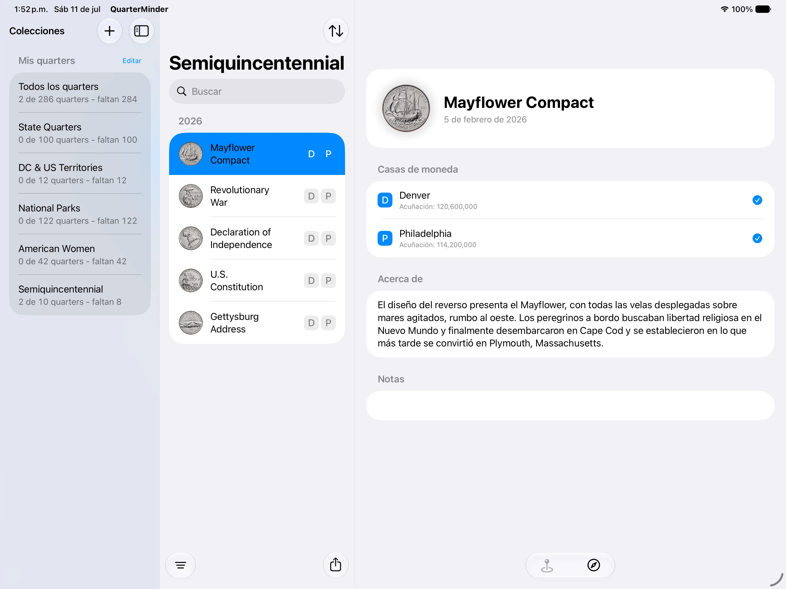 Pantalla de detalles de QuarterMinder en el iPad