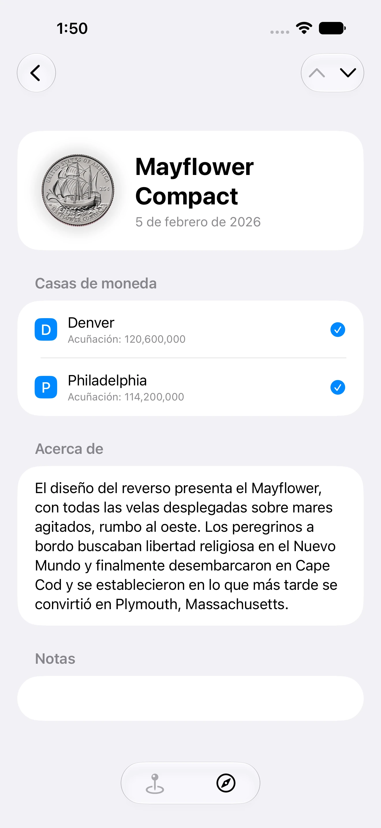 Pantalla de detalles de una moneda en QuarterMinder